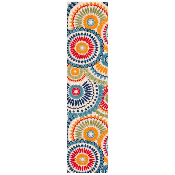 Cabana Blue/Ivory Door Mat 2 ft. x 5 ft. Medallion Floral Indoor/Outdoor Runner Rug