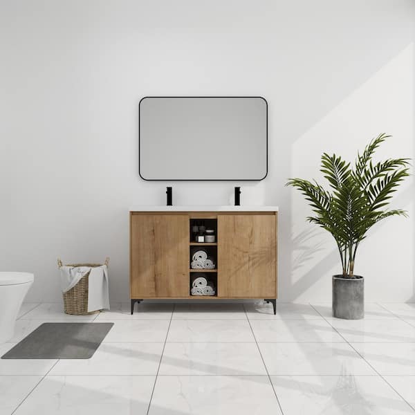 48 in. Double Sink Freestanding Bath Vanity with White Resin Top in Imitative Oak
