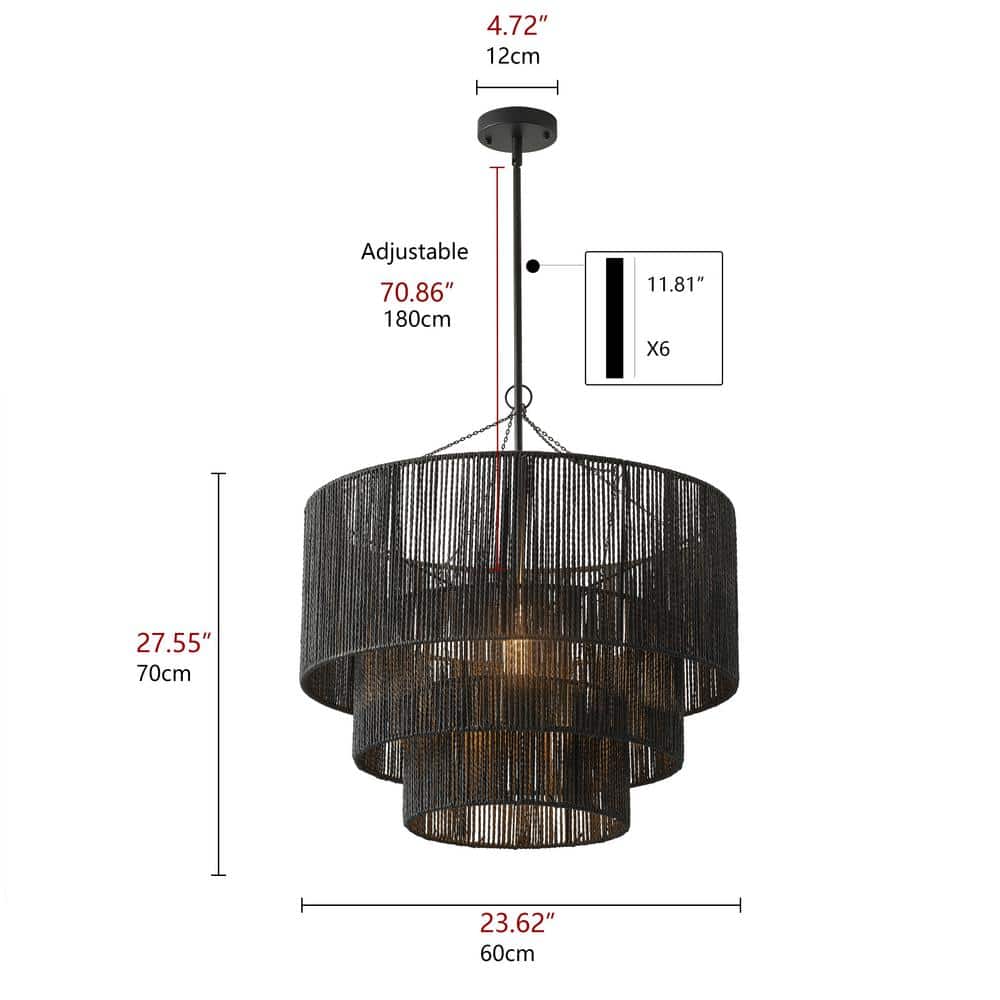 Black Tiered Metal and Rattan Pendant Light