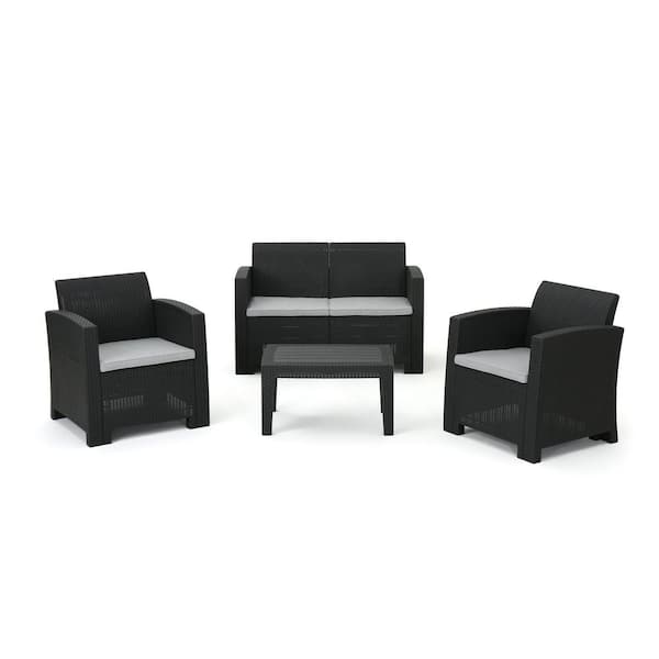 Unbranded Charcoal 4-Piece Wicker Patio Conversation Set, Outdoor Rattan Style Chat Set with Light Grey Water Resistant Cushions