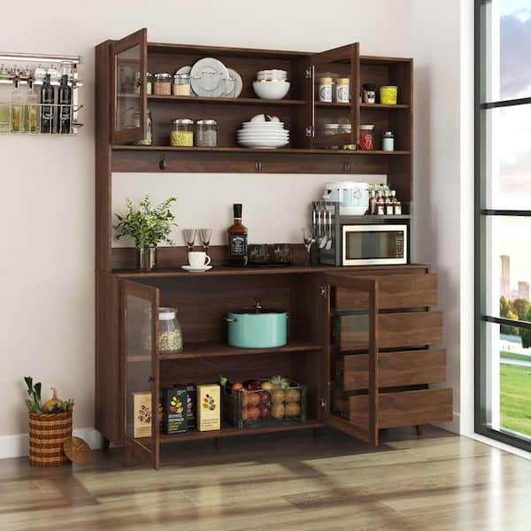 Unbranded Luxury Kitchen Pantry Cabinet, Freestanding Pantry Cabinet Buffet Cabinet with Drawers and Microwave Stand, Walnut