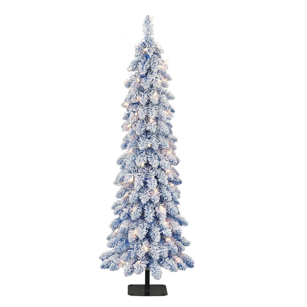 Puleo International 4 ft. Blue Pre-Lit Flocked Alpine Pencil Artificial ...