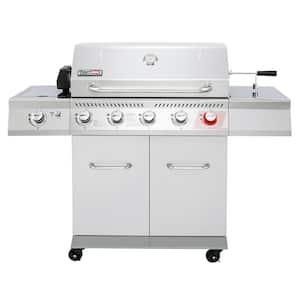 Deluxe Stainless Steel 5-Burner Gas Grill with Rotisserie Kit, Sear Burner, Side Burner, 64000 BTU Cabinet Style, Silver