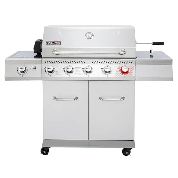 Royal Gourmet Deluxe Stainless Steel 5-Burner Gas Grill with Rotisserie Kit, Sear Burner, Side Burner, 64000 BTU Cabinet Style, Silver