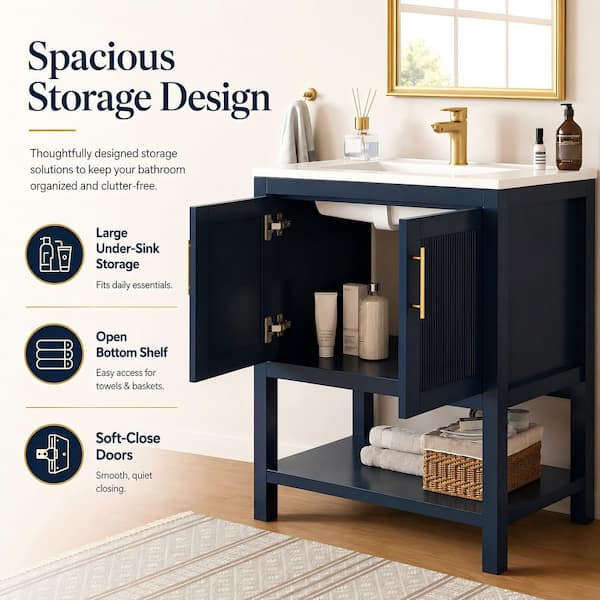Blake 31 in. Single Sink Navy Blue Bath Vanity with White Engineered Solid Surface Top and Fluted Doors (Unassembled)