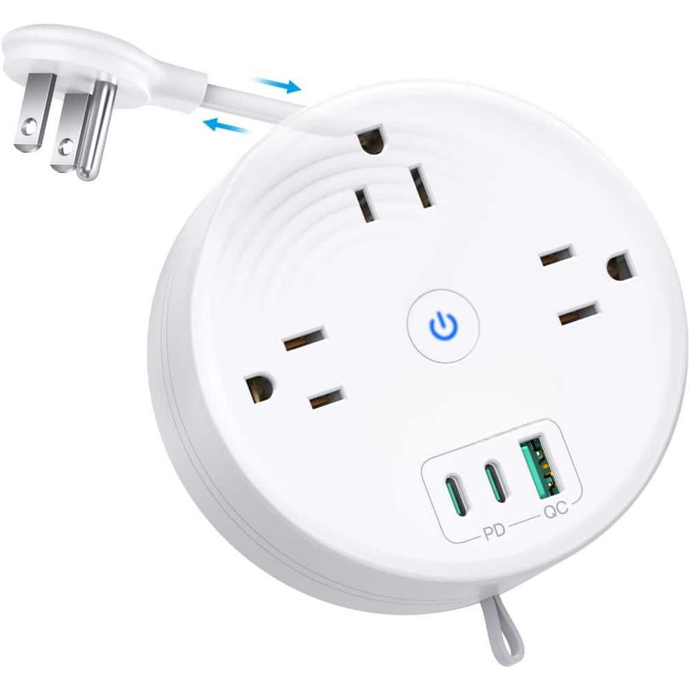 3-Outlet Travel Power Strip with Retractable Extension Cord 5 ft. Ultra Thi