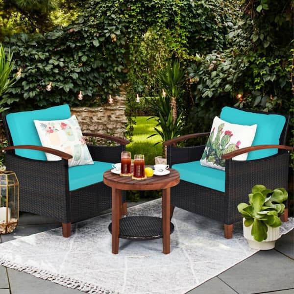 3-Piece Wicker Patio Conversation Set Sofa Set with CushionGuard Turquoise Washable Cushions and Acacia Wood Tabletop