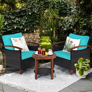 3-Piece Wicker Patio Conversation Set Sofa Set with CushionGuard Turquoise Washable Cushions and Acacia Wood Tabletop