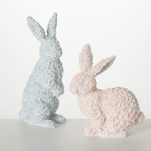 9 in. And 12 in. Floral Bunny Figurine Set of 2, Resin