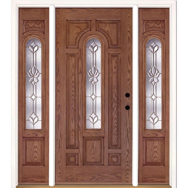 Feather River Doors 67.5 in.x81.625 in. Medina Brass Center Arch Lt Stained Medium Oak Left-Hand Fiberglass Prehung Front Door w/Sidelites