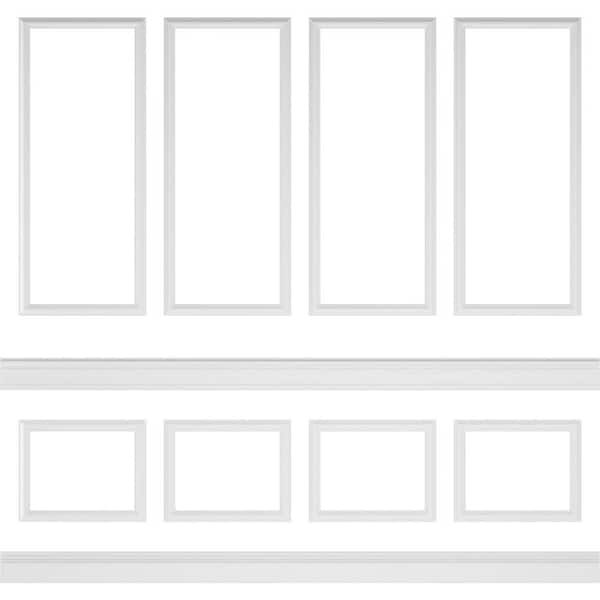 Ekena Millwork 94 1/2 in. (Adjustable 96 in. to 120 in.) 63 sq. ft. Polyurethane Ashford Square Panel Stacked Wall Wainscot Kit Primed