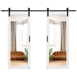64 in. x 84 in. (Double 32 in. Doors) 1 Lite, Mirrored Glass, White, Finished, MDF Sliding Barn Door with Hardware Kit