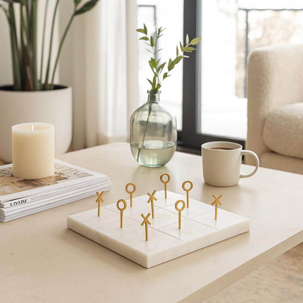 Liv & Skye White 3 in. x 9 in. Stone and Brass Bohemian Tic Tac Toe Game  Set 20779 - The Home Depot