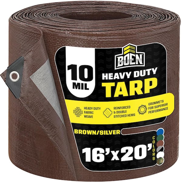 16 ft. x 20 ft. Heavy-Duty Commercial Brown/Silver Tarp Cover 10 Mil Thick Weave Material, Waterproof