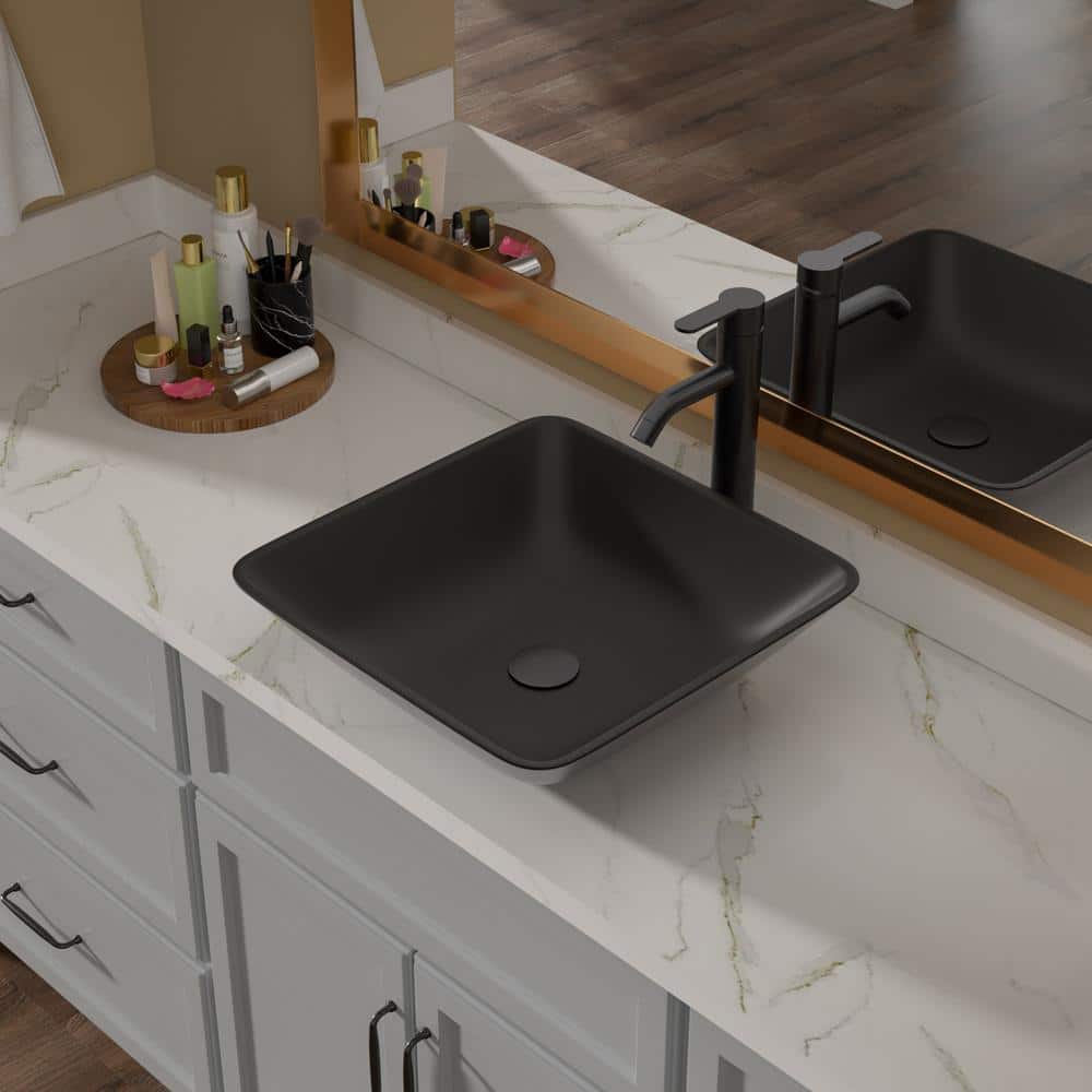 16" Square Matte Black Tempered Glass Vessel Sink