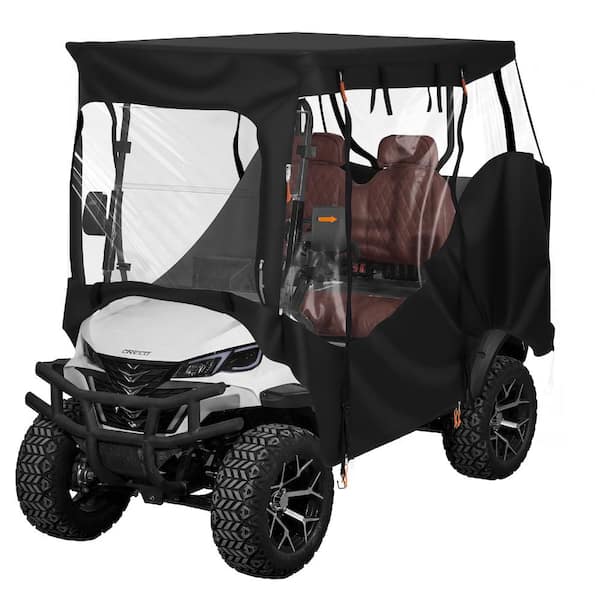 Golf Cart Cover 2 / 2+2 Passenger Carts, 420D Oxford with PVC Coating, Clear Front Panel, Wind Hooks, 4 Roll-Up Doors