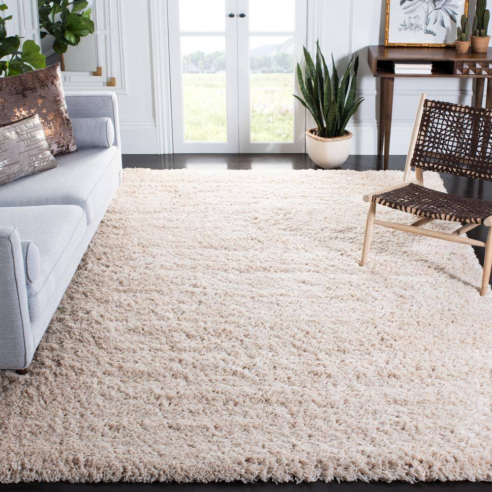 Sumptuous Silken Light Beige Round Shag Rug, Easy-Care Synthetic