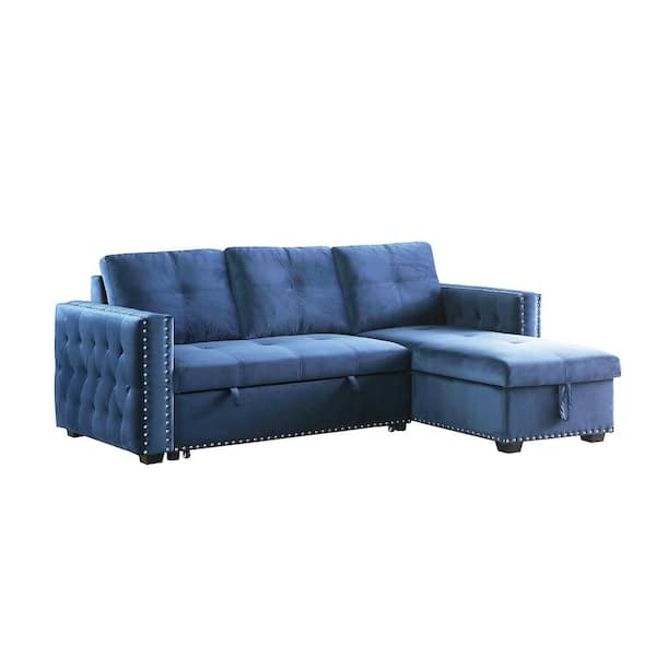 Morden Fort Reversible 90.5 in. Blue Velvet Sleeper Sectional Sofa L-Shape 3 Seater Sectional Couch with Storage