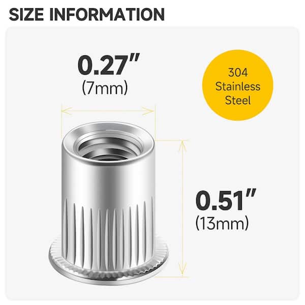 100-Piece #8-32 Rivet Nuts, 304 Stainless Steel Flat Head Rivnut Threaded Insert Nut Knurled Body