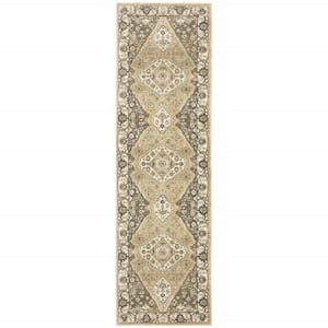 Beige Grey Tan and Charcoal 2 ft. x 8 ft. Oriental Power Loom Stain Resistant Runner Rug