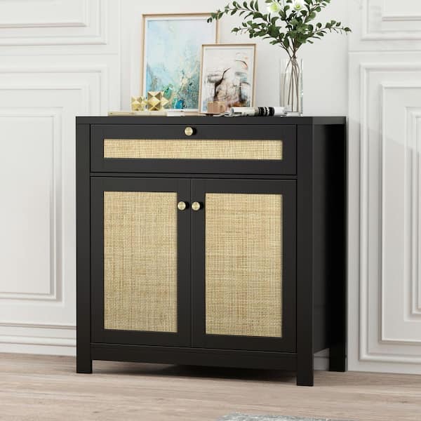 Aupodin Black MDF 31.57 in. Sideboard Buffet Storage Cabinet Natural Rattan Kitchen Cupboard with Drawer and Adjustabe Shelves