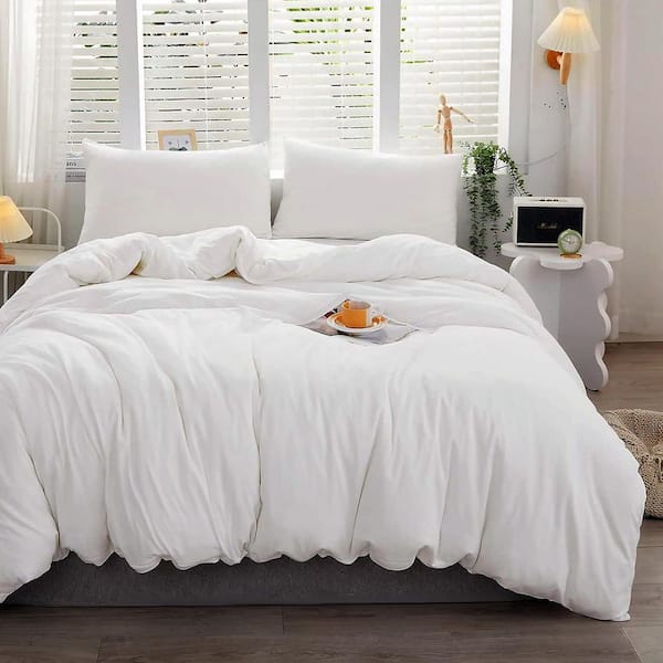 Comfy 3-Piece White Jersey Knit T-Shirt Cotton Cal. King Duvet Cover Set Breathable Zipper Closure 100% Cotton