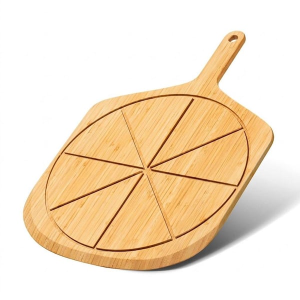 Bamboo Finish Pizza Peel with Handle and 8 Slice Grooves, Large Wooden Paddle for Kitchen Oven Pastry