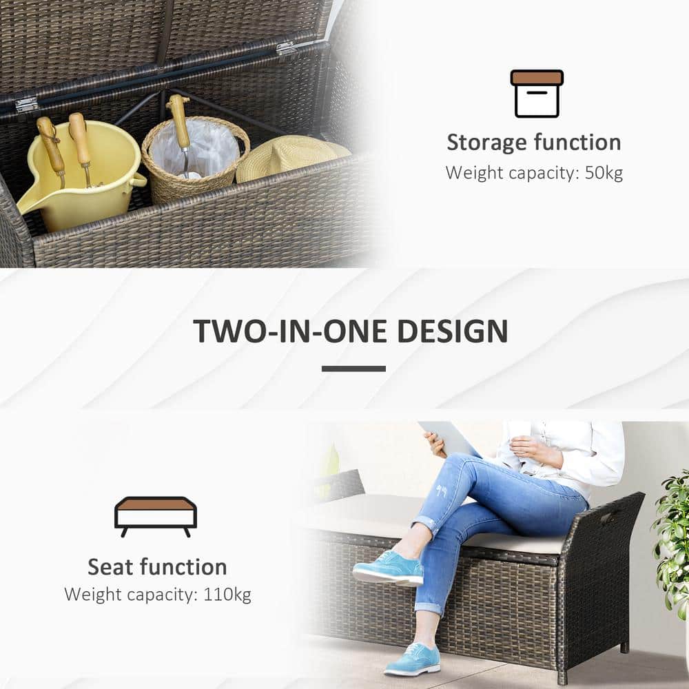 Cream White PE Wicker Outdoor Storage Bench with Cushion