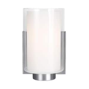 Bergin 5 in. 1-Light Modern Transitional Satin Nickel Wall Sconce Bathroom Light with White Opal Etched and Clear Glass