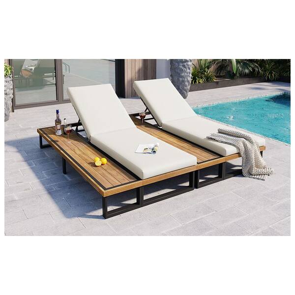 Wood Outdoor Chaise Lounge Chair Set of with Beige Cushion,