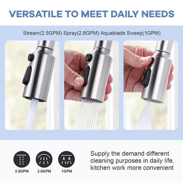 3-Function Pull Down Kitchen Faucet Spray Head Nozzle Replacement with 9-Adapters Kit in Brushed Nickel