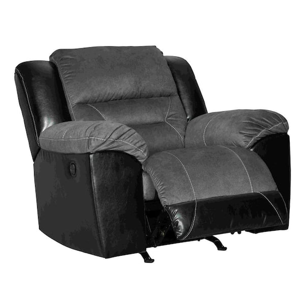 Benjara Gray and Black Fabric Rocker Recliner with Angled Pillow Top and Pull Tab