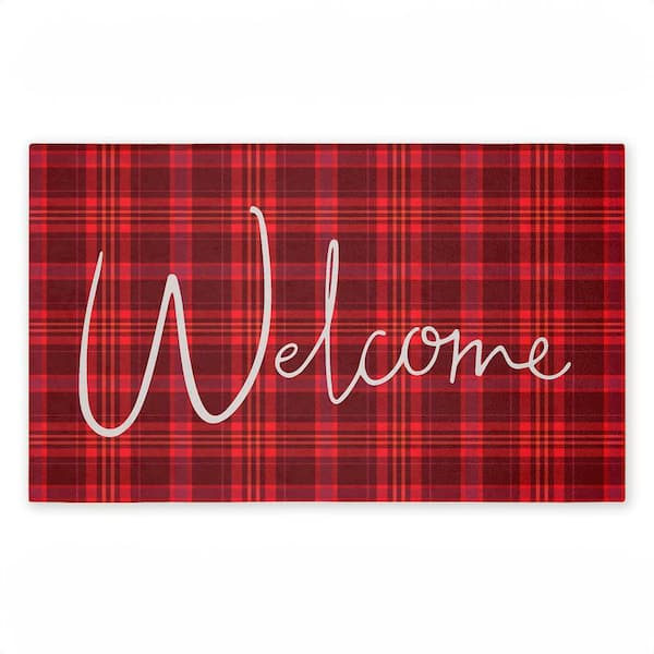 Red Tartan Greeting Red 18 in. x 30 in. Polyester Non-Slip Outdoor Door Mat
