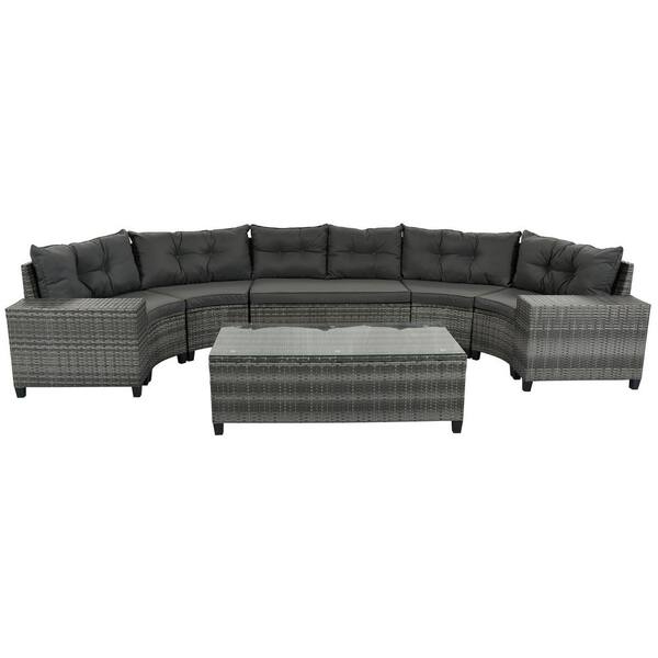 Sudzendf 8-Piece Gray Wicker Patio Conversation Set with Black Cushions, Coffee Table, PE Rattan Water-Resistant and UV Protected