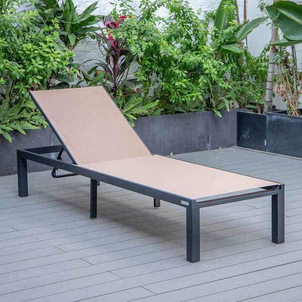 Leisuremod Marlin Outdoor Patio Chaise Lounge Chair in Black Aluminum Reclining Backrest Mesh Sling Fabric Seat in Light Brown