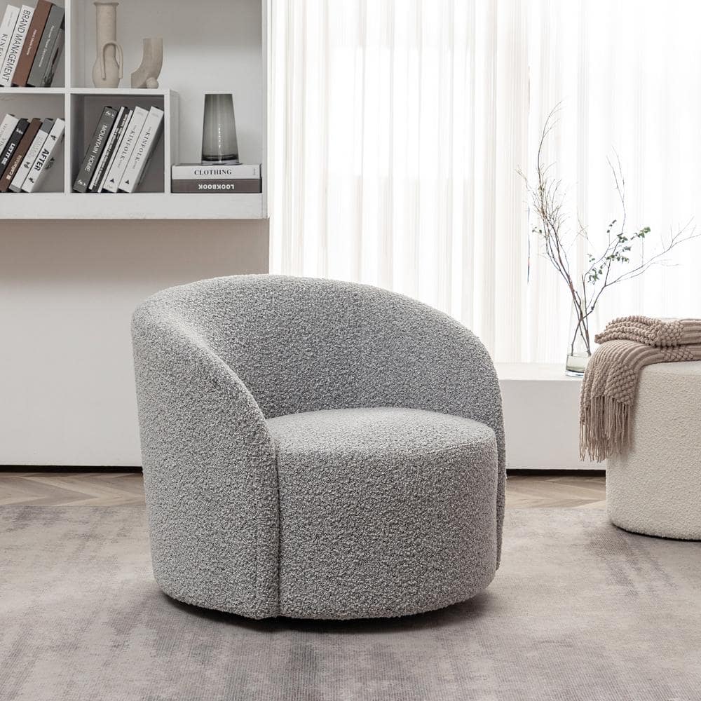 Gray Upholstered Swivel Barrel Accent Chair with Wood Frame