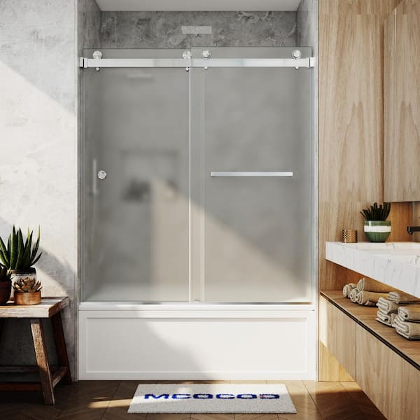 MCOCOD 56-61 in. W x 66 in. H Double Sliding Frameless Smooth Sliding Tub Door in Brushed Nickel with 3/8 in. Frosted Glass