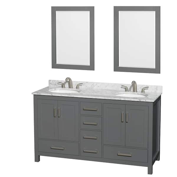 Wyndham Collection Sheffield 60 in. W x 22 in. D x 35 in. H Double Bath Vanity in Dark Gray with White Carrara Marble Top and 24" Mirrors