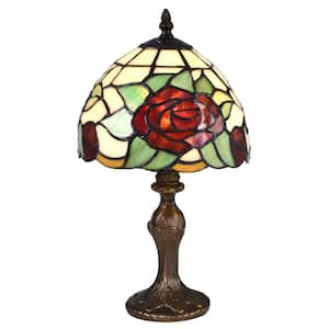 14.5 in. Indian Rose Antique Bronze Table Lamp with Tiffany Art Glass Shade