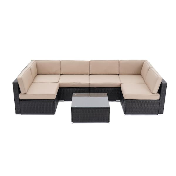 Unbranded 7-Pieces PE Wicker Outdoor Sectional with Beige Cushion