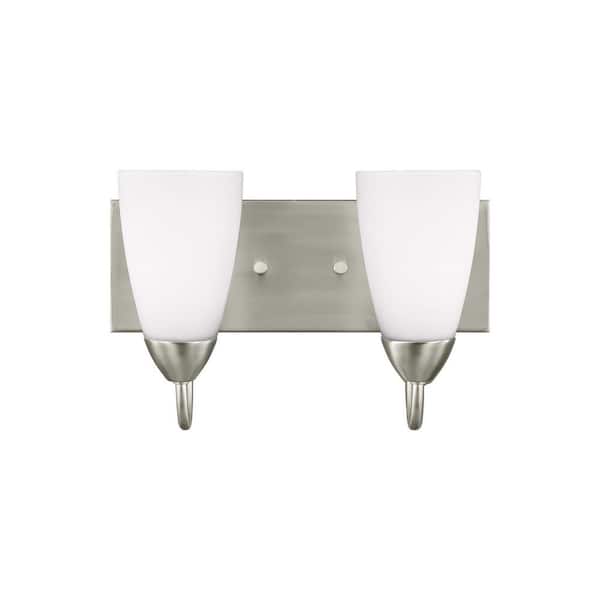 Generation Lighting - Seville 13 in. 2-Light Brushed Nickel Transitional Modern Wall Bathroom Vanity Light with White Glass and LED Bulbs
