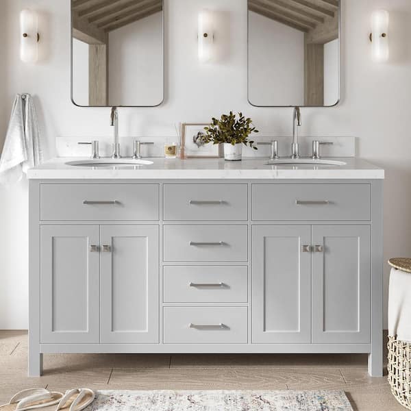 ARIEL Bristol 60.25 in. W x 22 in. D x 36 in. H Double Sink Freestanding Bath Vanity in Grey with Carrara White Quartz Top