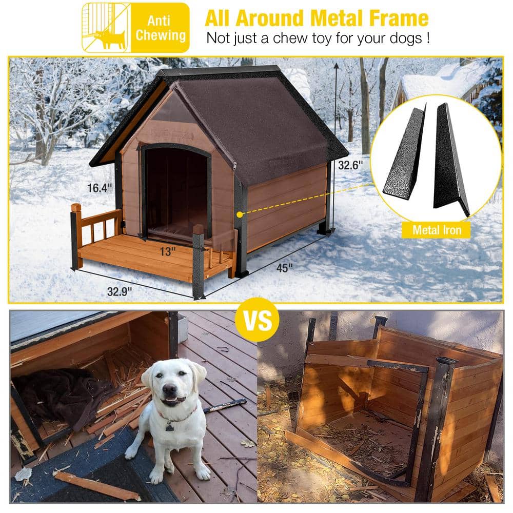 Large Brown Insulated Wooden Dog House with Elevated Floor