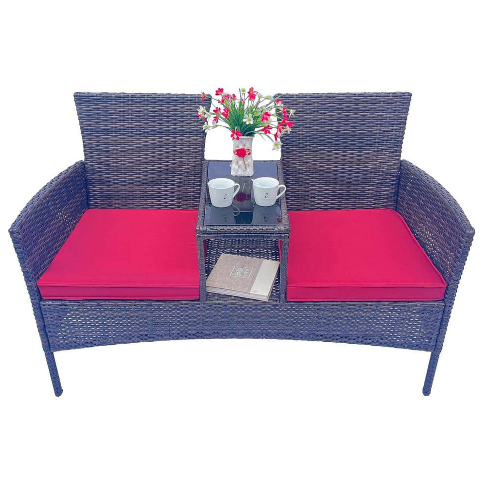 Brown Wicker Outdoor Loveseat, Patio Conversation Set with Red Removable Cu