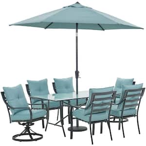 Lavallette 7-Piece Steel Outdoor Dining Set with Ocean Blue Cushions, Chairs, Swivel Rockers, Table, Umbrella and Base