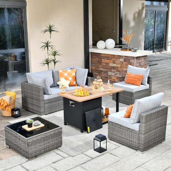 Toject Sanibel Gray 6-Piece Wicker Outdoor Patio Conversation Sofa Set with a Storage Fire Pit and Light Gray Cushions