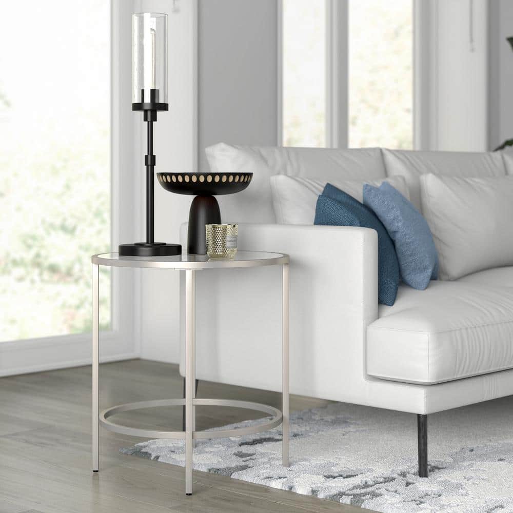 Sivil 20" Satin Nickel Round Metal & Glass Side Table