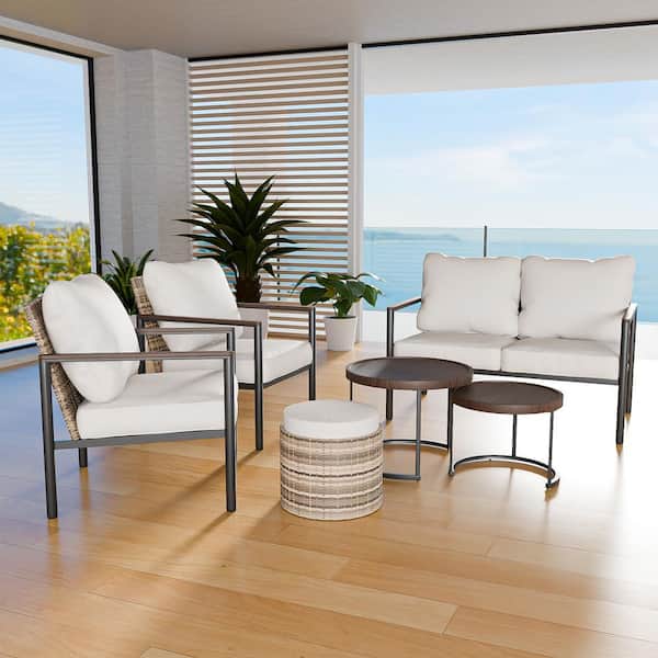 EAGLE PEAK 6-Piece Brown Wicker Outdoor Patio Conversation Set with Beige Cushions, with Nesting Coffee Tabels and Ottoman