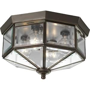 4-Light Antique Bronze Clear Beveled Glass Traditional Indoor Outdoor 9-3/4" Flush Mount Light