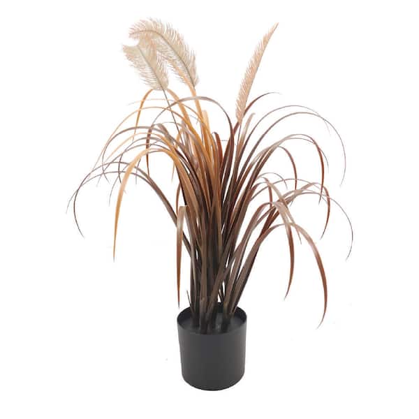 Naturae Decor 36 in. Outdoor Brown PE Leaf Grass Plant with 3-Stems and Feather